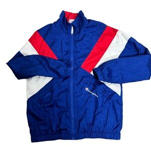 Champion Windbreaker Jacket Large Red White Blue Full Zip Lightweight Colorblock